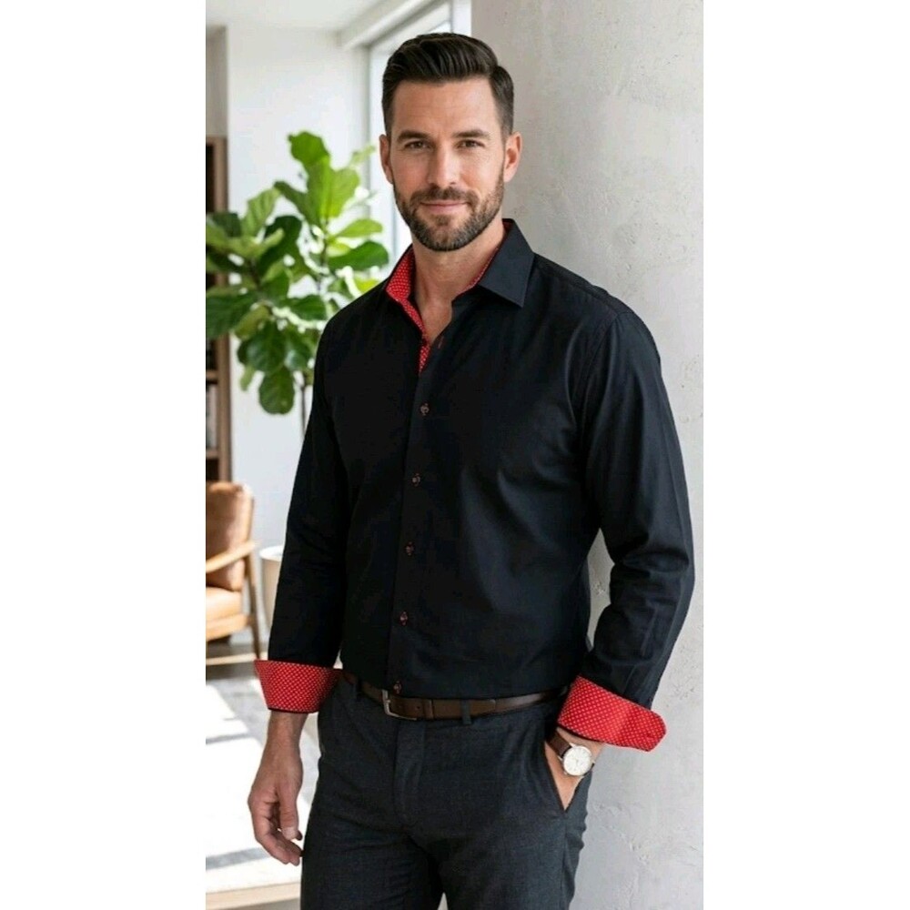 Bespoke Men's Shirt Size 2XL Button Black Long Sleeve